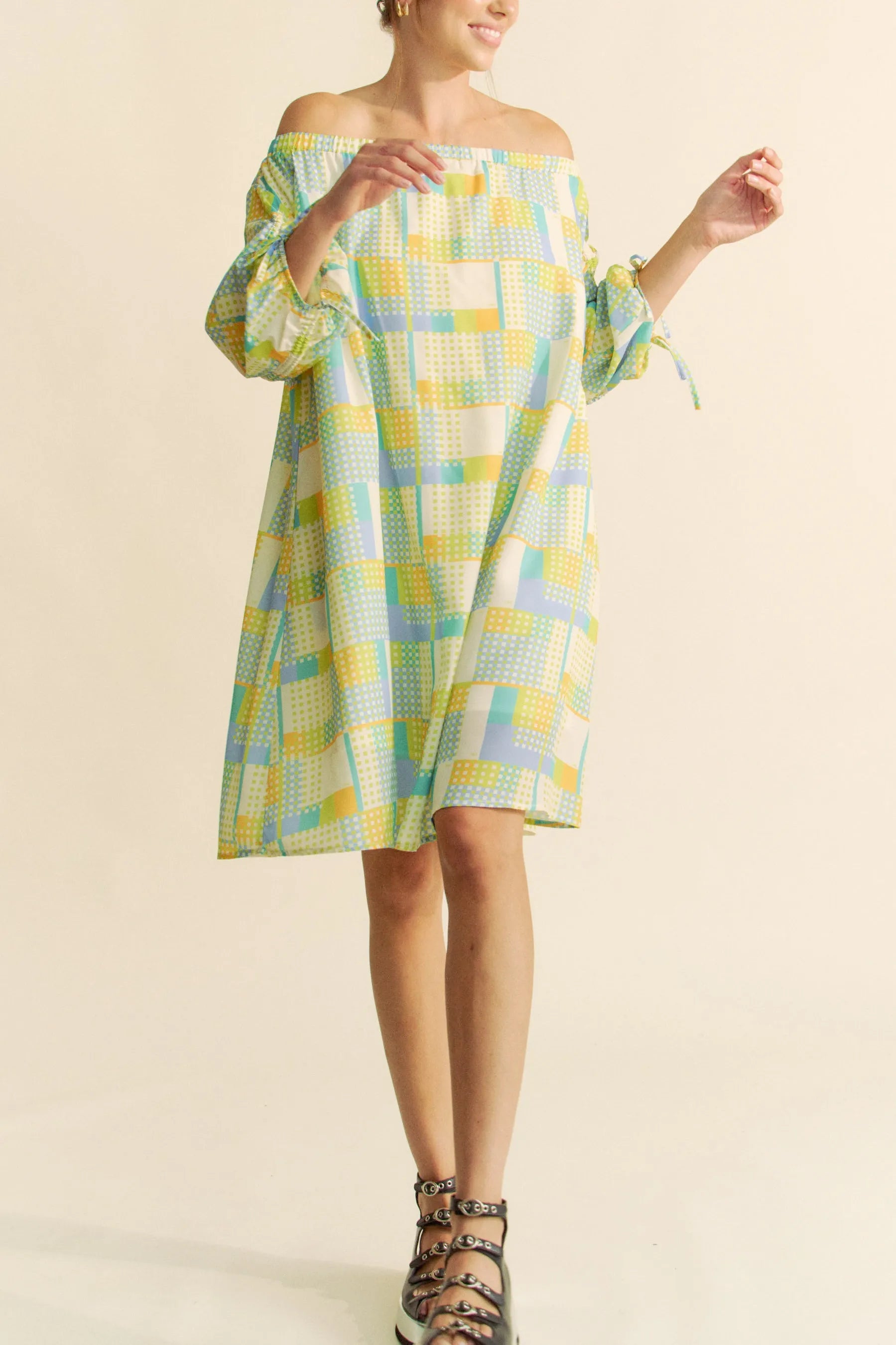 Davi & Dani Printed Off Shoulder Drawstring Sleeve Mini Dress OutfitFlow