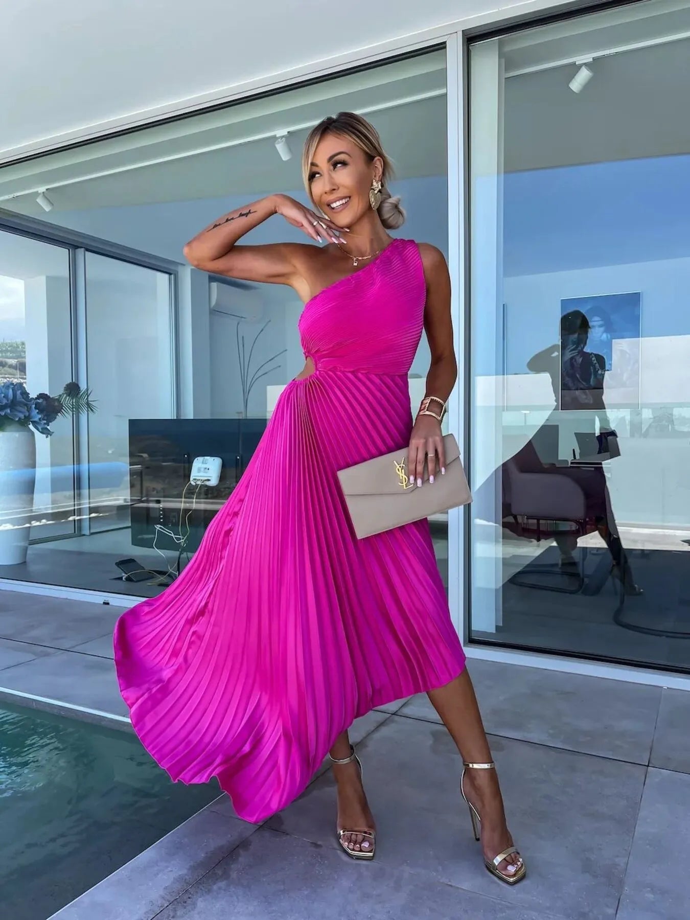 Full Size Single Shoulder Pleated Midi Dress Plus Size OutfitFlow