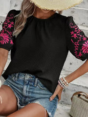 Embroidered Round Neck Short Sleeve Blouse OutfitFlow