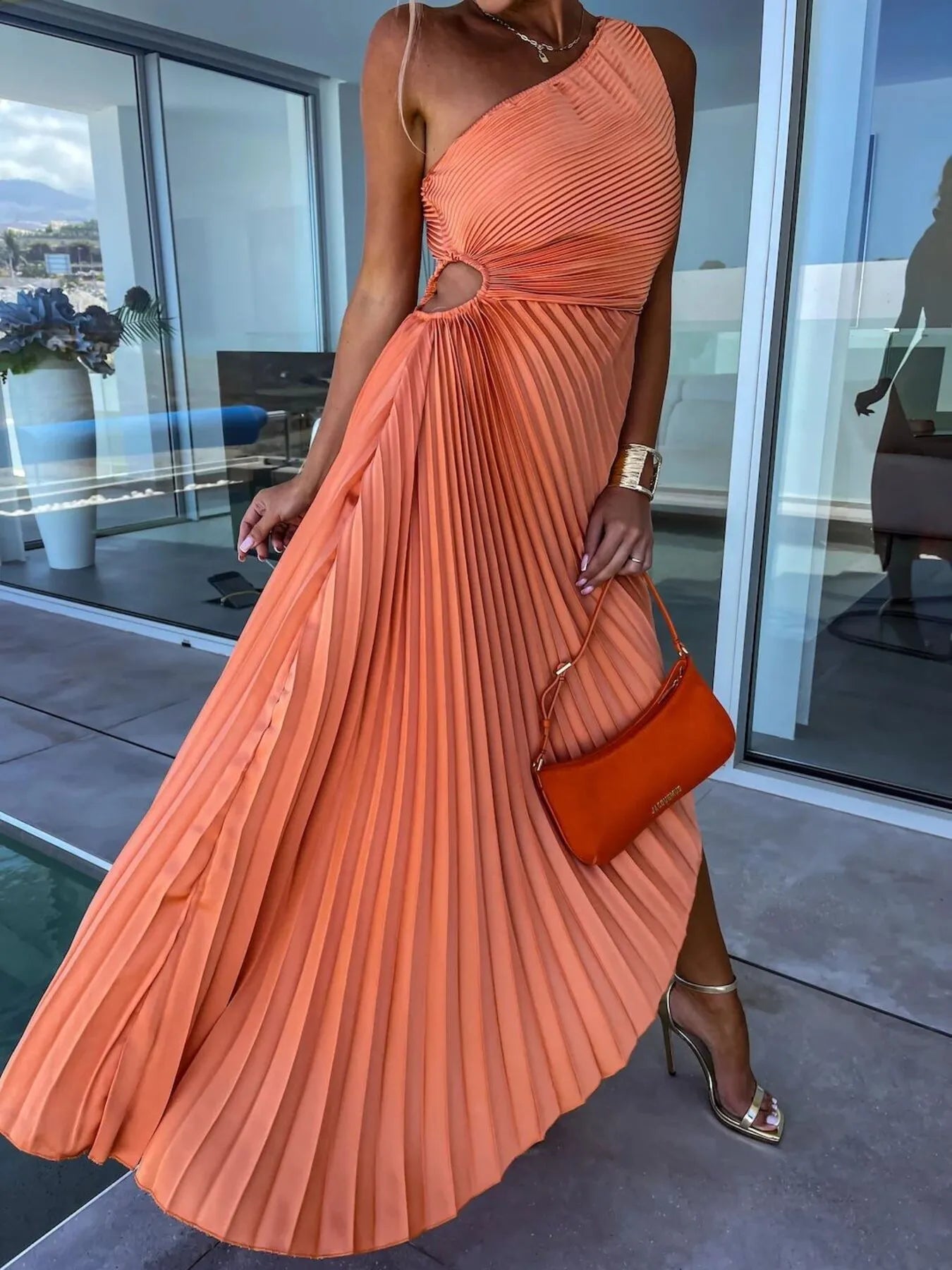 Full Size Single Shoulder Pleated Midi Dress Plus Size OutfitFlow
