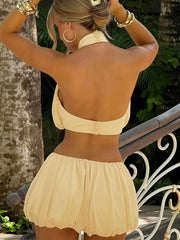 Button Back Halter Crop Top and Shorts Set OutfitFlow