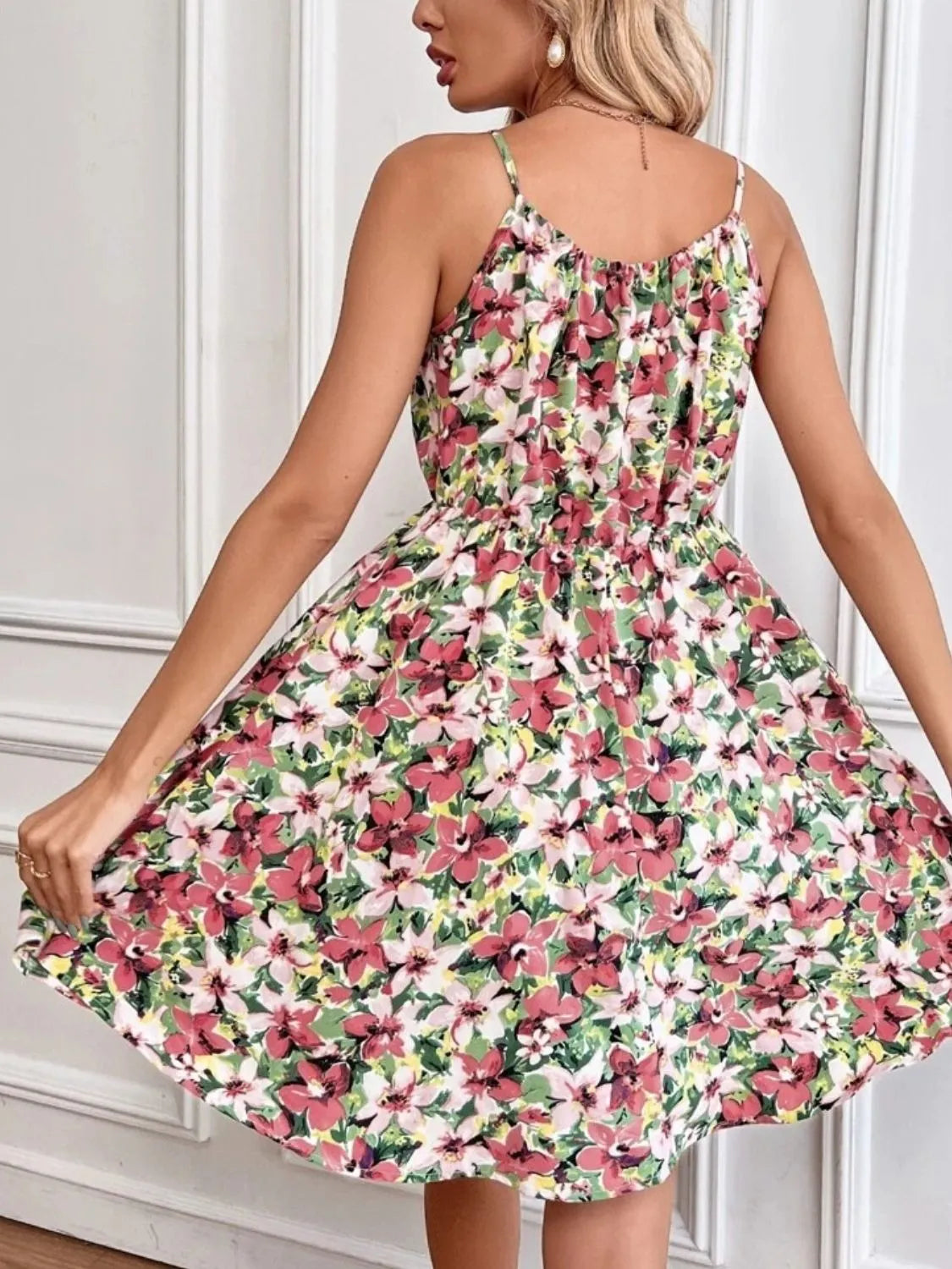 Floral Print Spaghetti Strap Summer Mini Dress OutfitFlow