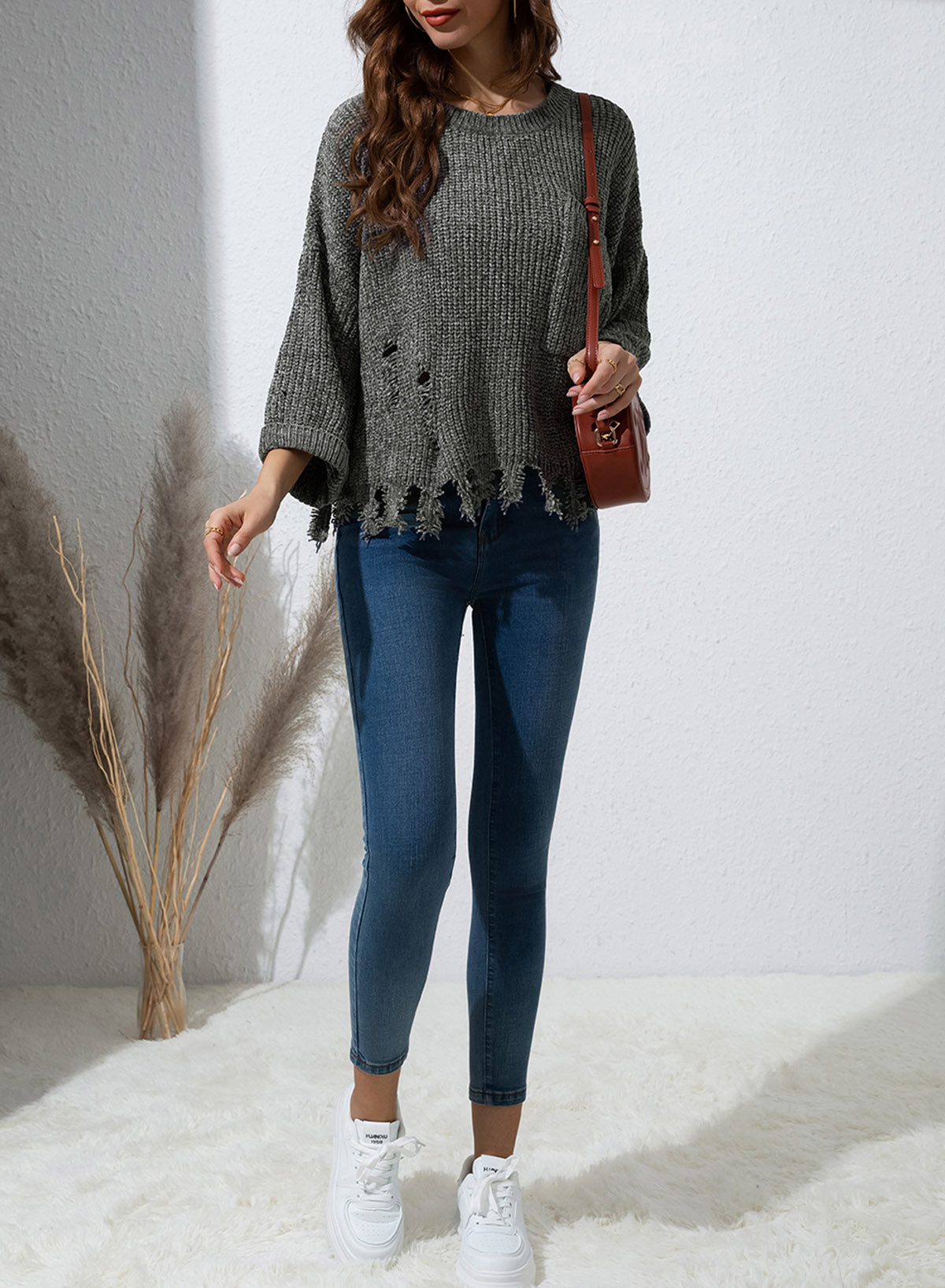 Outfit Flow - Distressed Round Neck Drop Shoulder Sweater