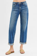 RISEN Full Size Mid Rise Boyfriend Roll Up Jeans Plus Size DARK OutfitFlow