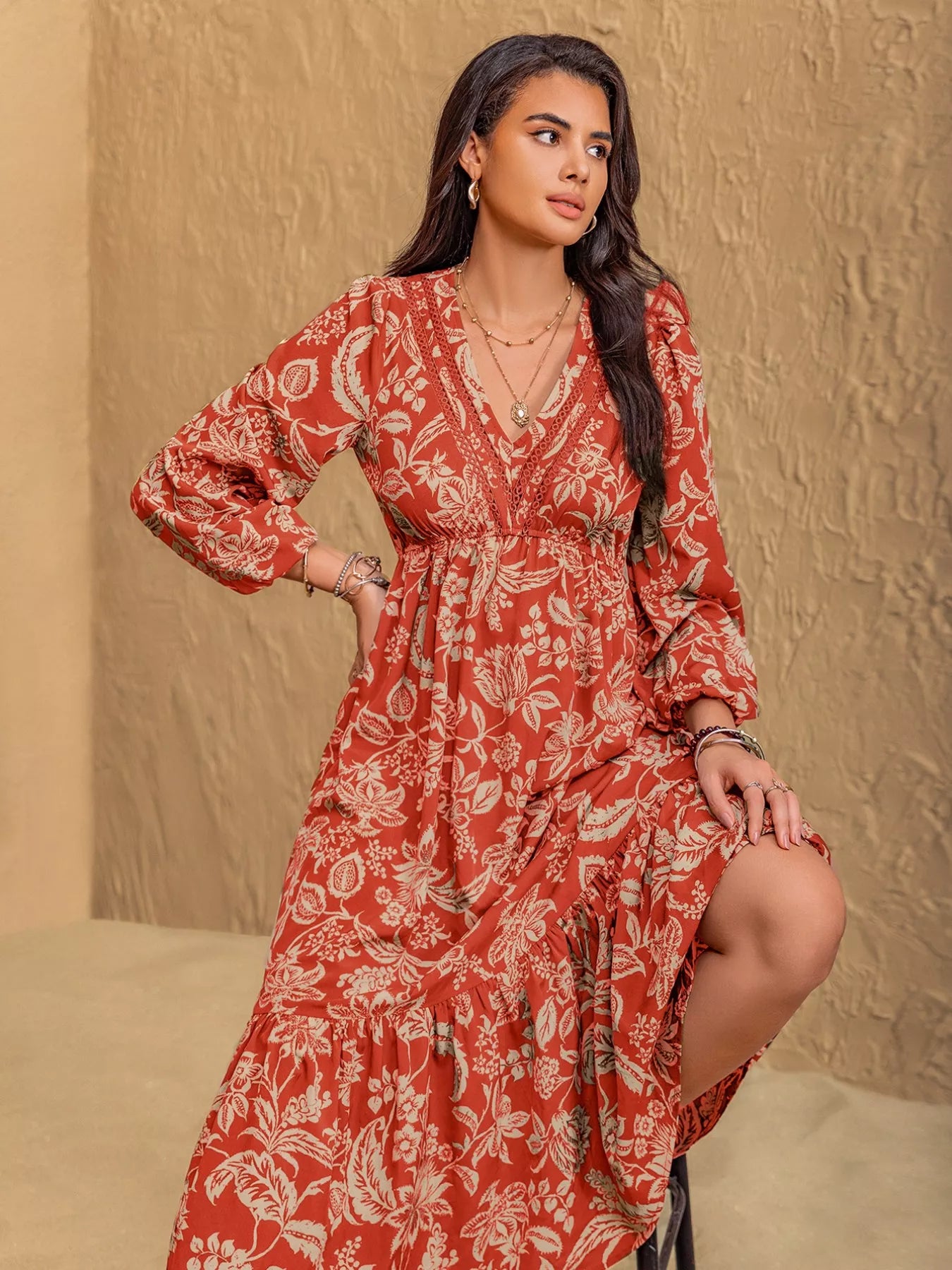 Boho Floral Print Long Sleeve Midi Dress OutfitFlow