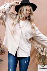 And The Why Full Size Fringe Back Detailed Button Down Jacket