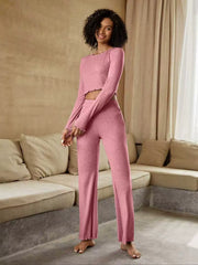 Round Neck Long Sleeve Top and Pants Set Pink OutfitFlow