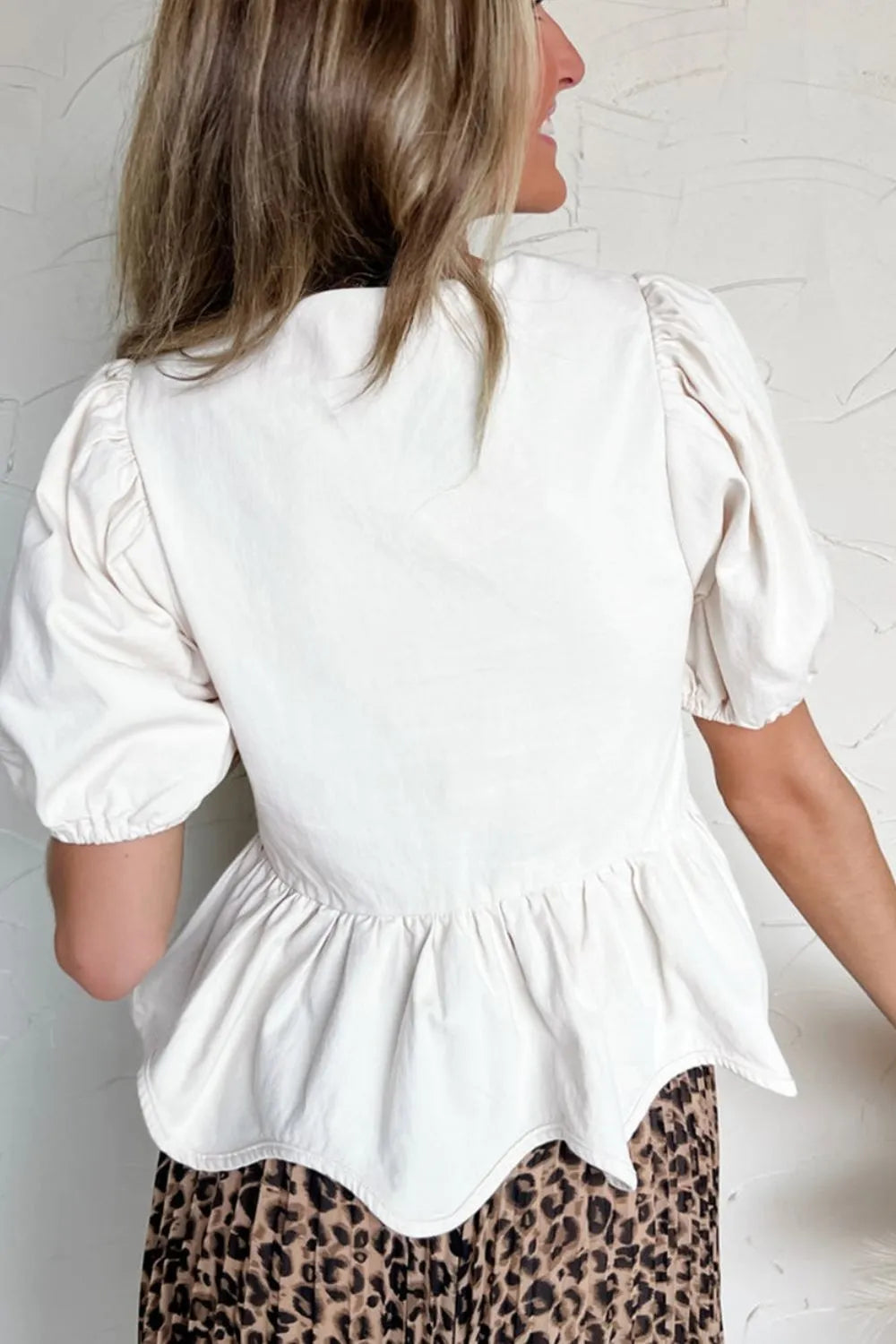 Bow Knot Decor Square Neck Puff Sleeve Peplum Top OutfitFlow