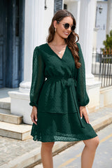 Surplice Neck Swiss Dot Tie Belt Layered Dress Dark Green OutfitFlow