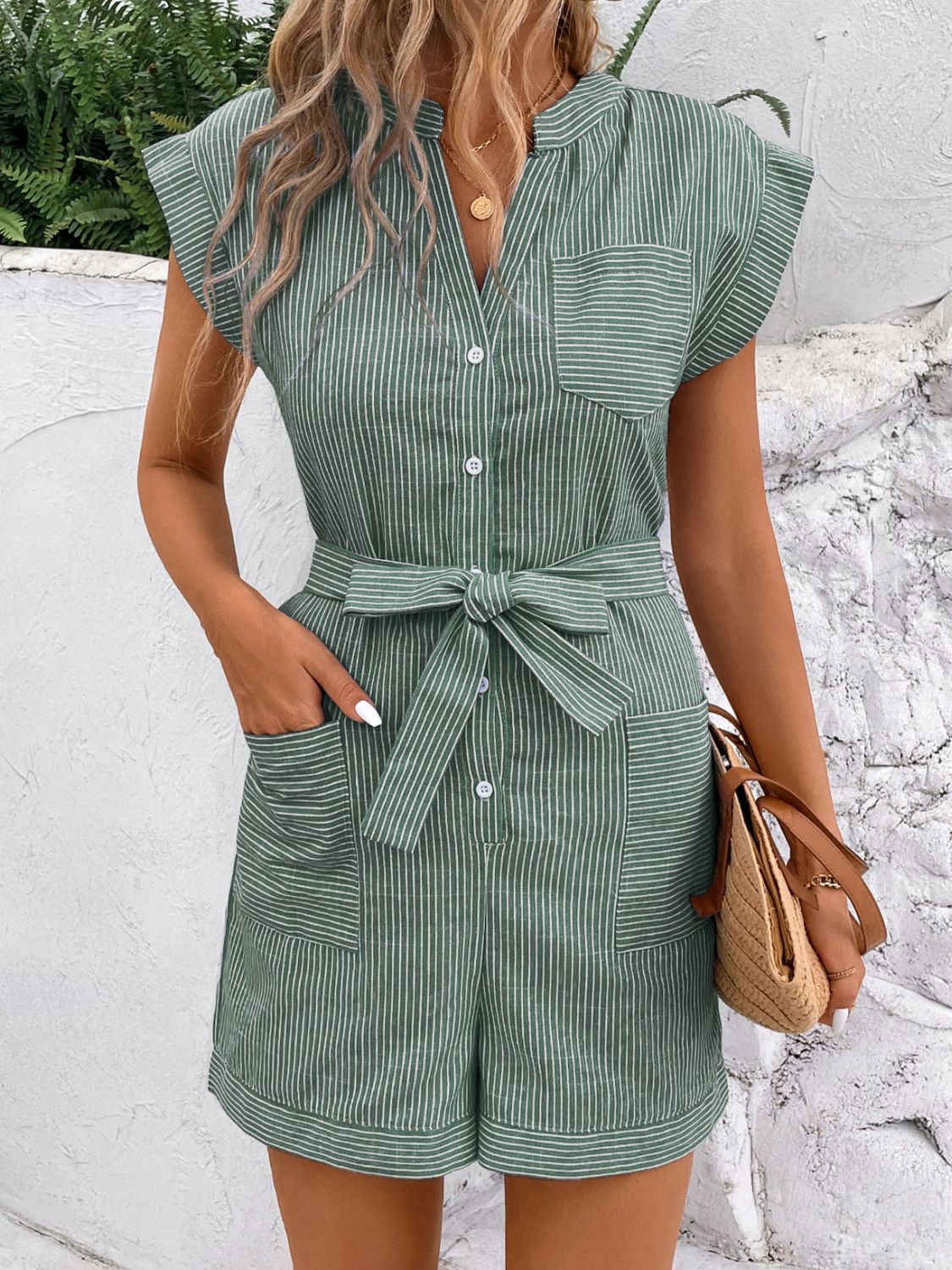 Outfit Flow - Perfee Striped Notched Tie Waist Romper