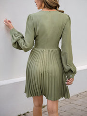 Pleated Long Sleeve V-Neck Dress OutfitFlow