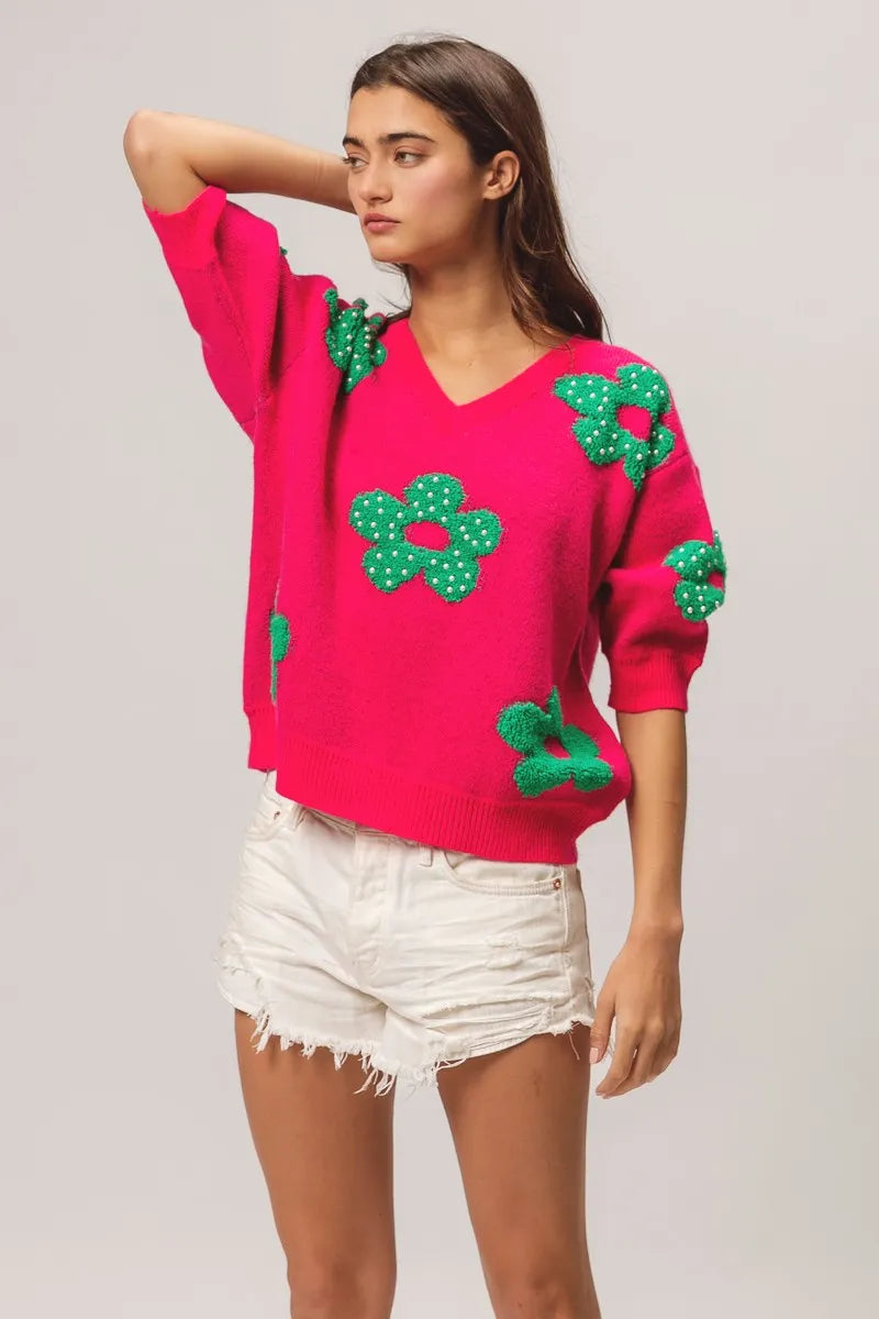 BiBi Pearl Beads Flowers Sweater Top OutfitFlow