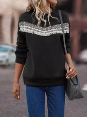 Fringe Trim Crew Neck Sweatshirt Trendsi