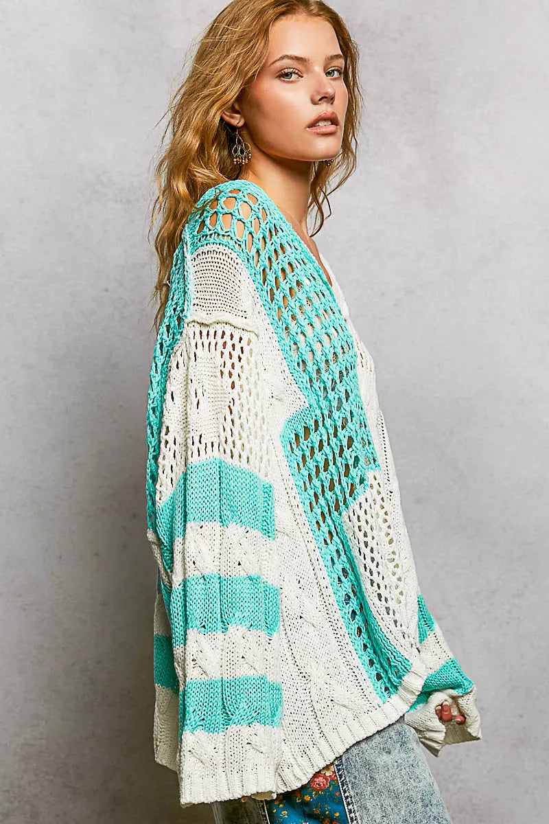 POL Color-Blocked Stripe Pattern Knit Top with Twisted Weave OutfitFlow