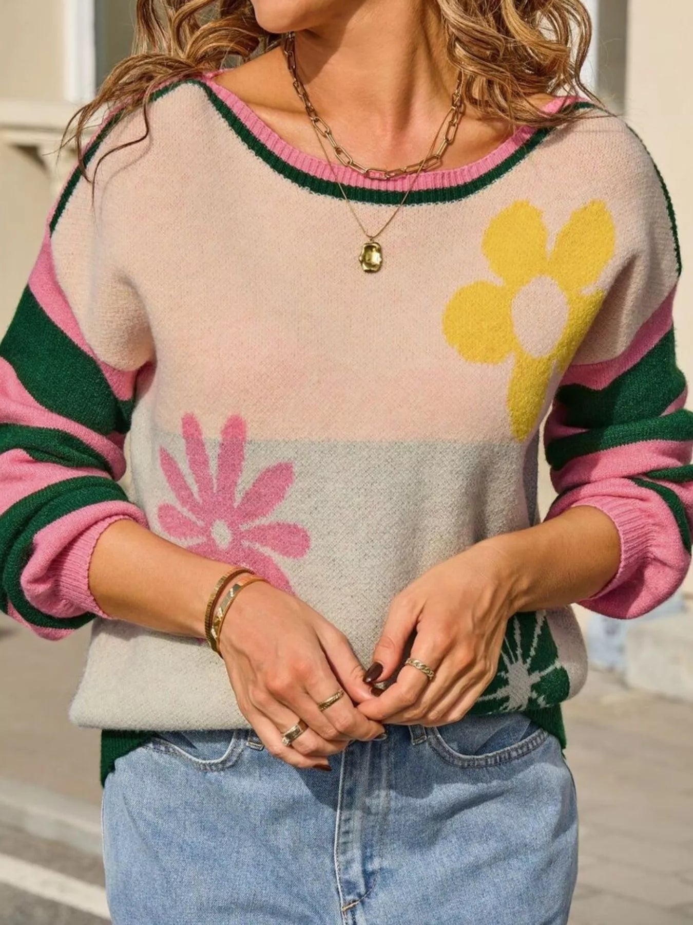 Floral Striped Sleeve Round Neck Sweater Trendsi