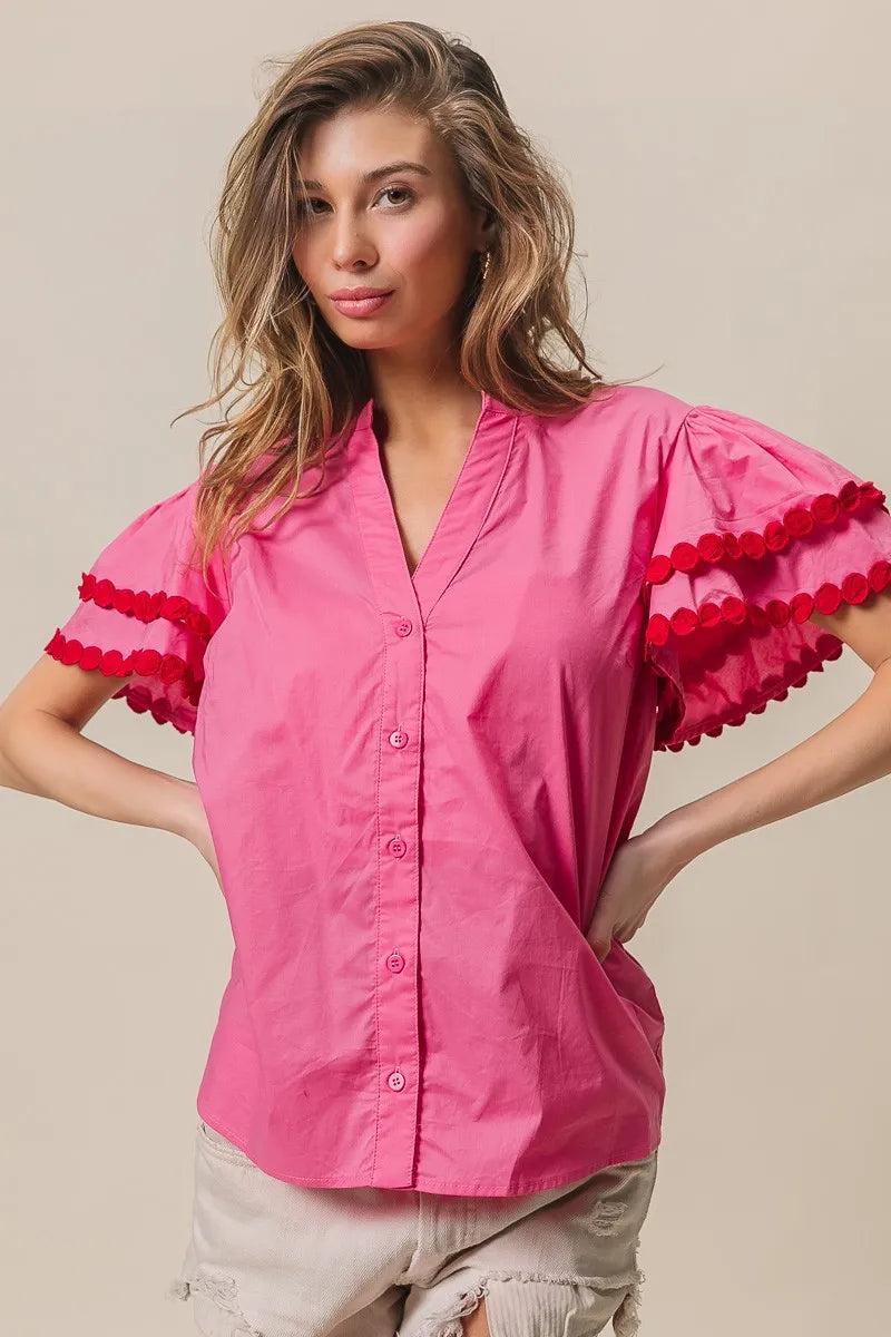 BiBi Dot Trim Flutter Sleeve Notched Top OutfitFlow