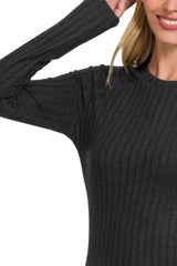 Zenana Ribbed Long Sleeve Round Neck T-Shirt OutfitFlow