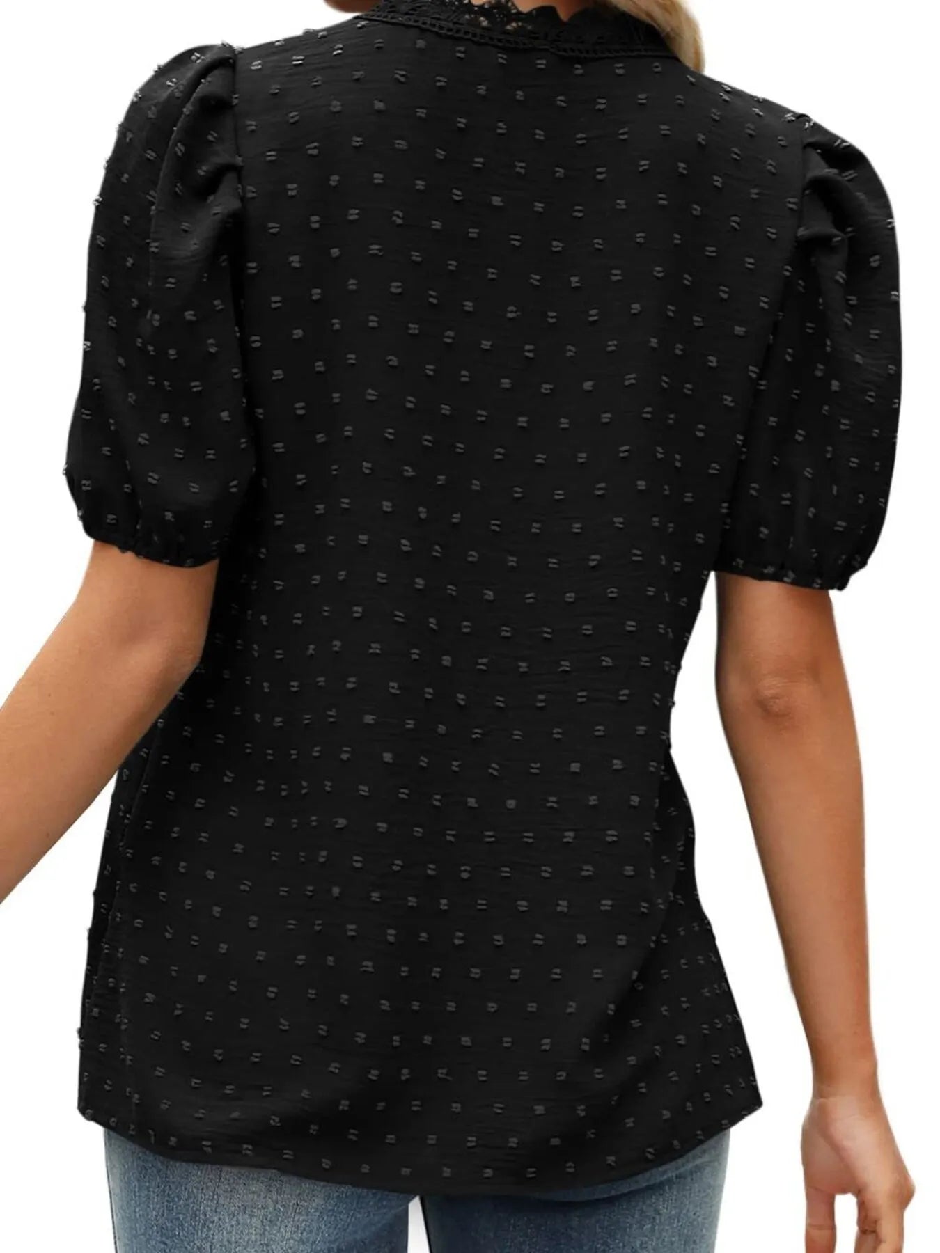Puff Sleeve Swiss Dot Lace Trim Blouse OutfitFlow