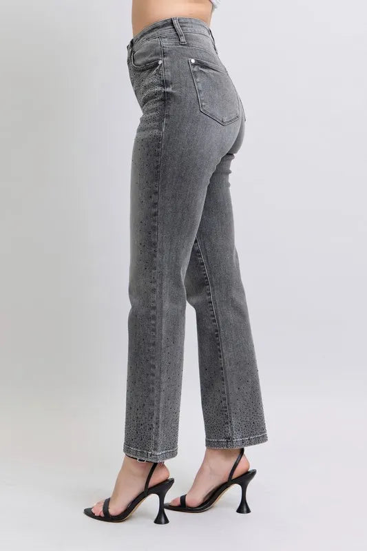 Judy Blue Full Size High Waist Rhinestone Straight Jeans Plus Size OutfitFlow