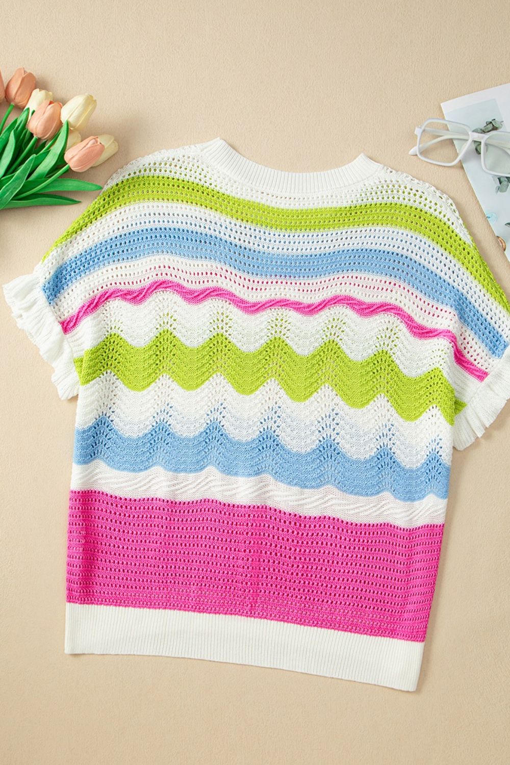 Color Block Crochet Ruffled Short Sleeve Knit Top OutfitFlow