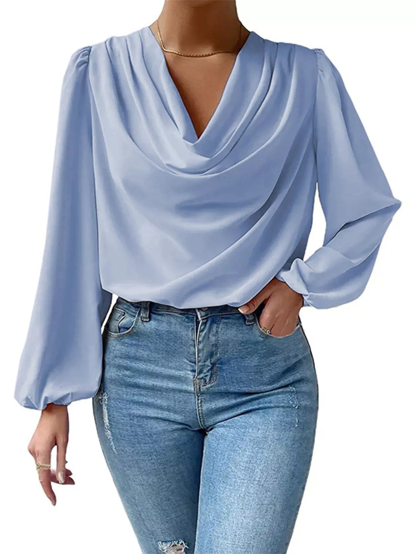 Full Size Cowl Neck Balloon Sleeve Blouse Plus Size OutfitFlow