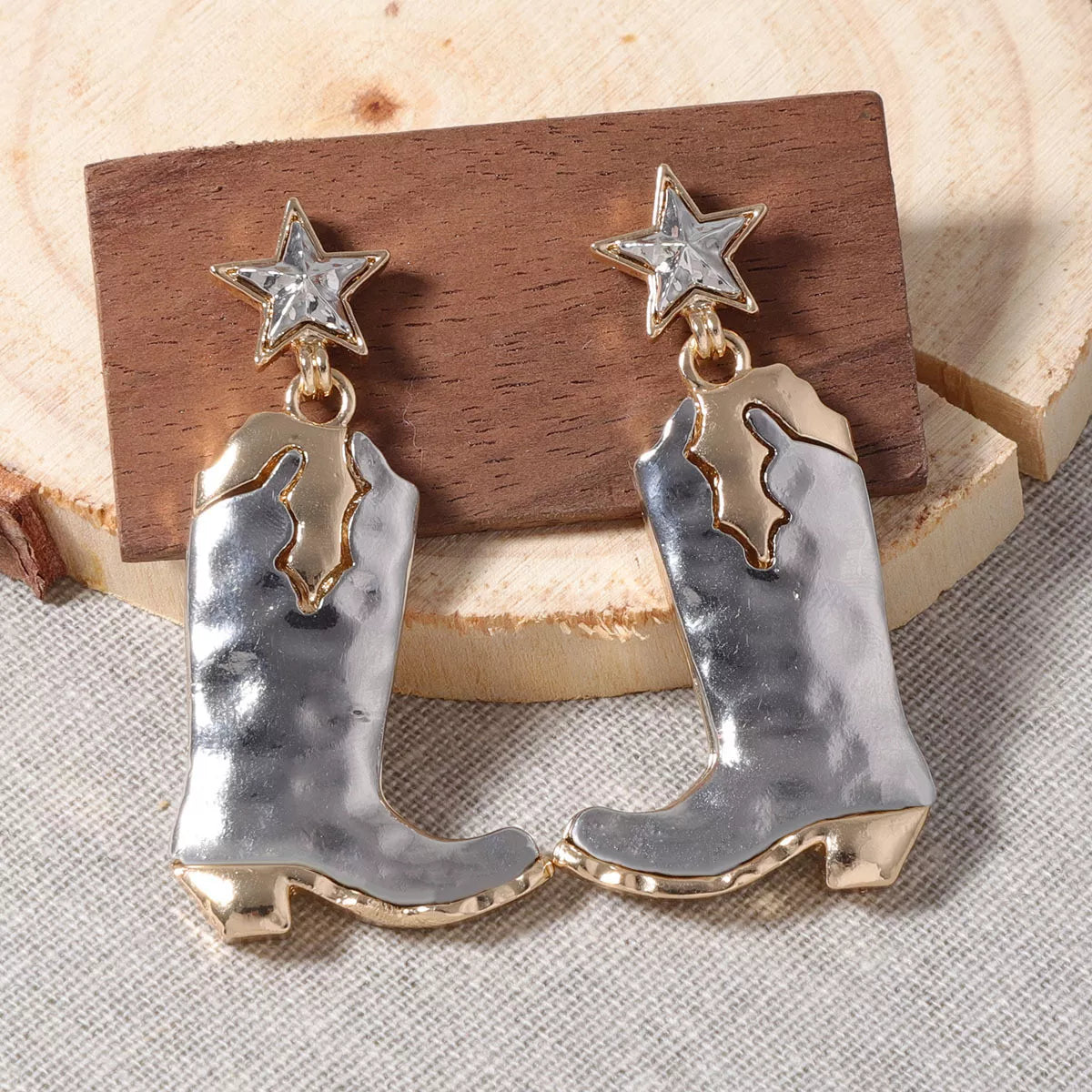 Western Cowboy Boot Star Dangle Earrings Silver onesize OutfitFlow