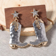 Western Cowboy Boot Star Dangle Earrings Silver onesize OutfitFlow