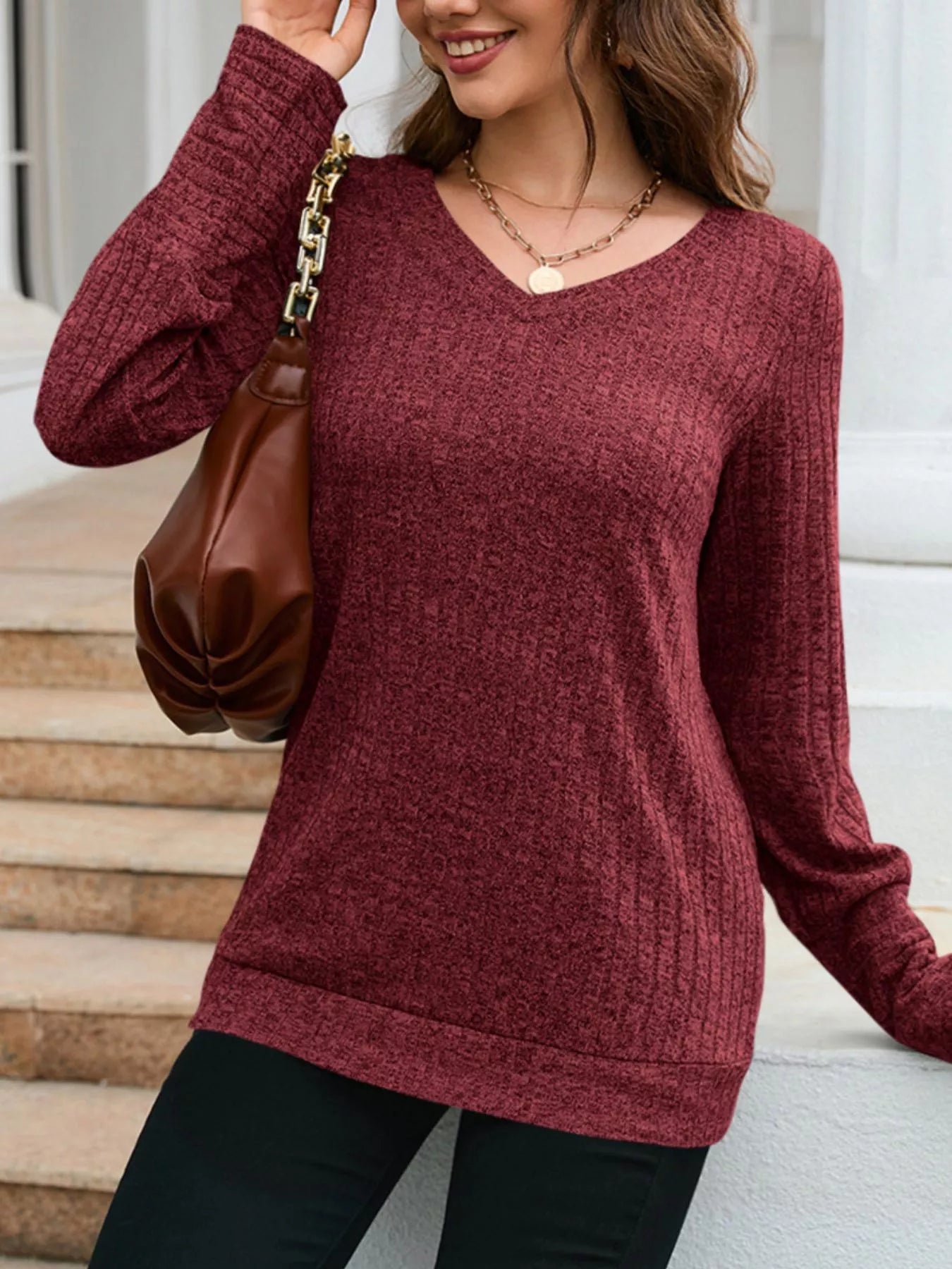 V-Neck Textured Knit Long Sleeve T-Shirt OutfitFlow