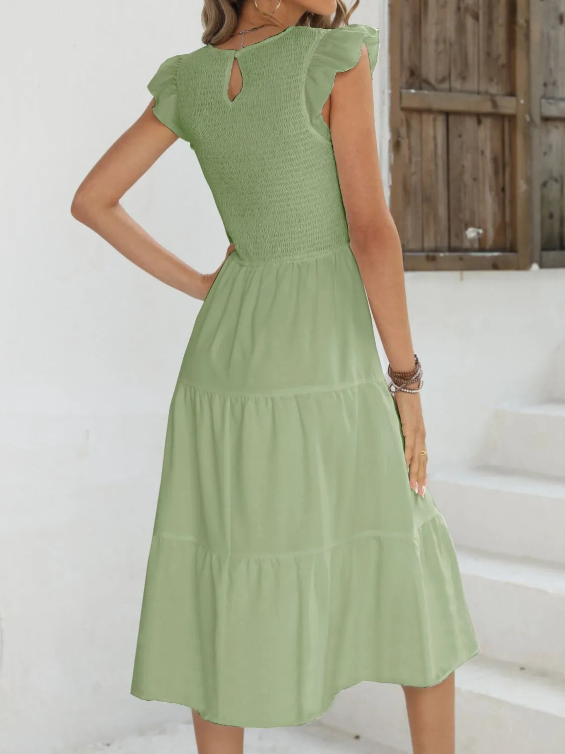 Ruffled Round Neck Cap Sleeve Dress OutfitFlow