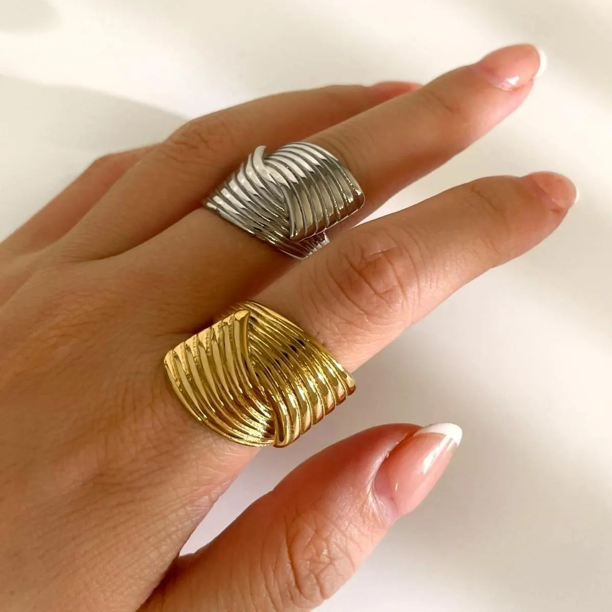 2-Piece Stainless Steel Textured Wave Ring OutfitFlow