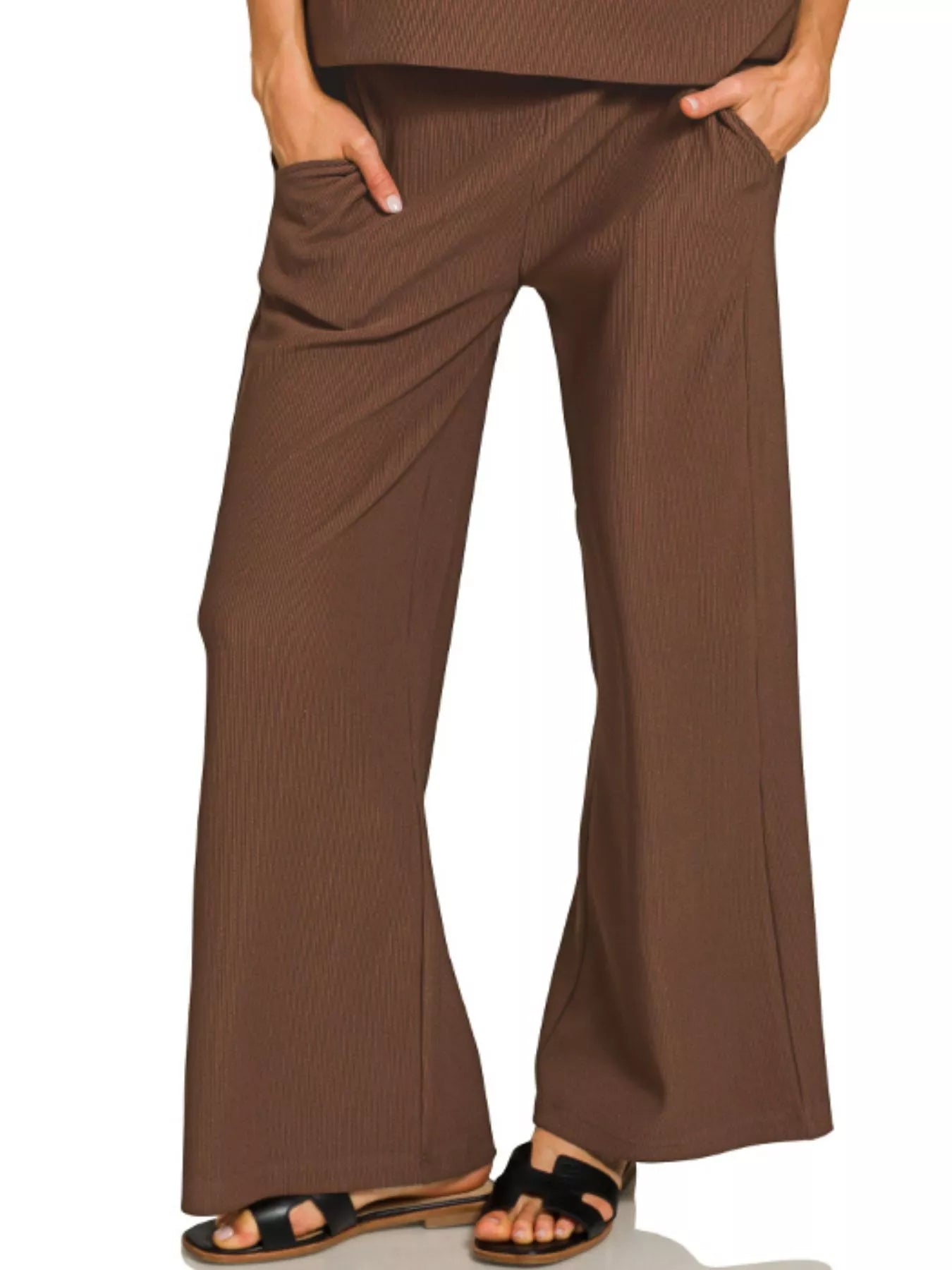 Zenana Ribbed Round Neck Tee & Pants Set OutfitFlow