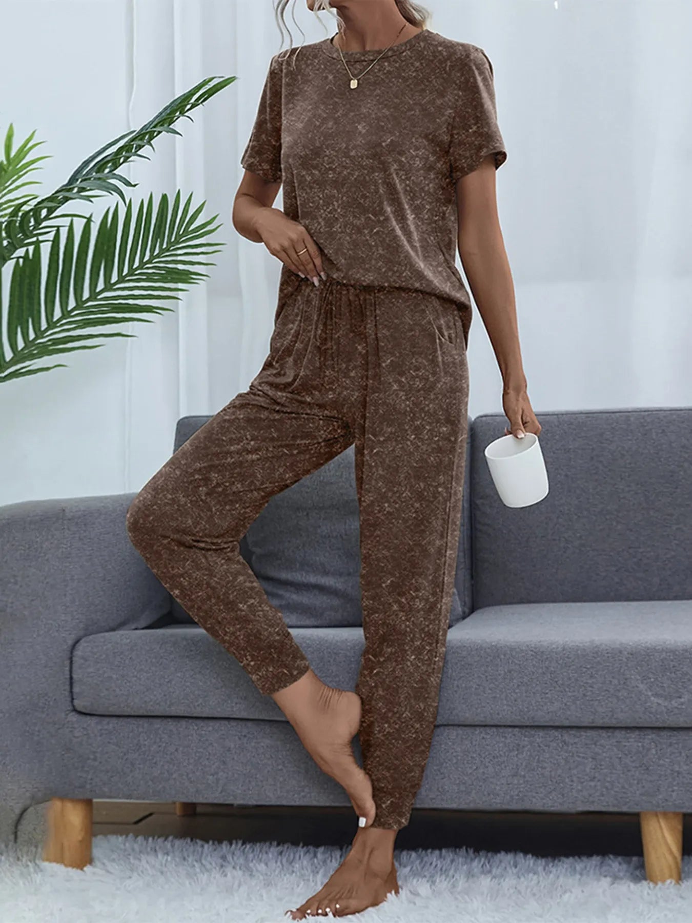 Round Neck Short Sleeve Top and Pants Lounge Set OutfitFlow