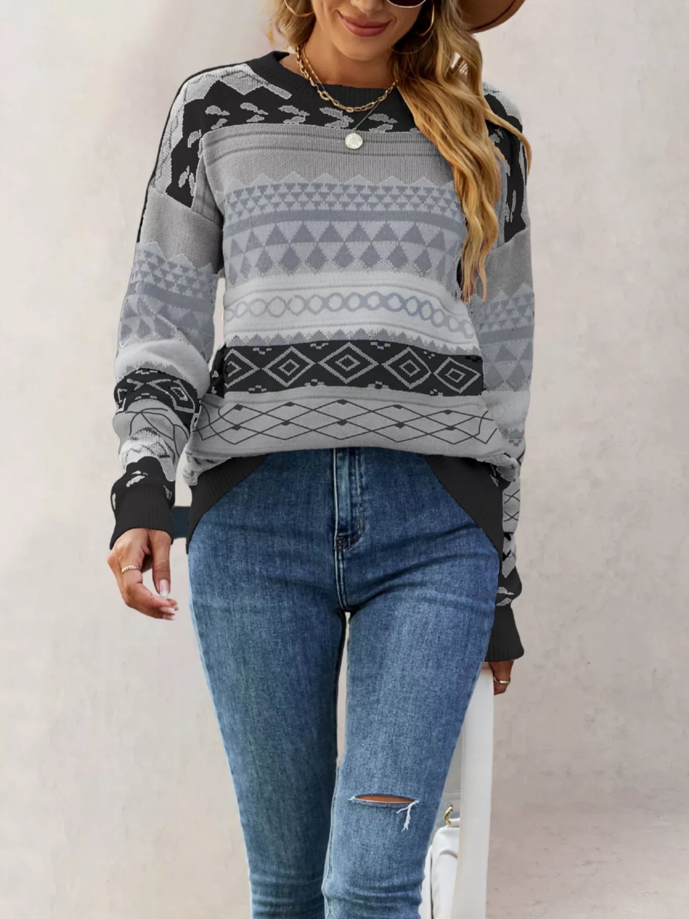 Geometric Pattern Round Neck Sweater OutfitFlow