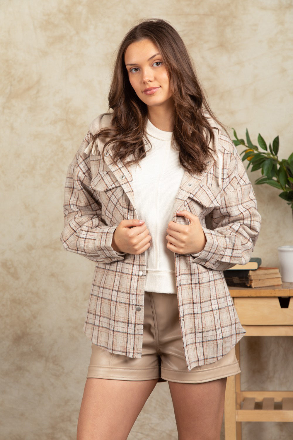 Outfit Flow - Drawstring Plaid Long Sleeve Hooded Jacket