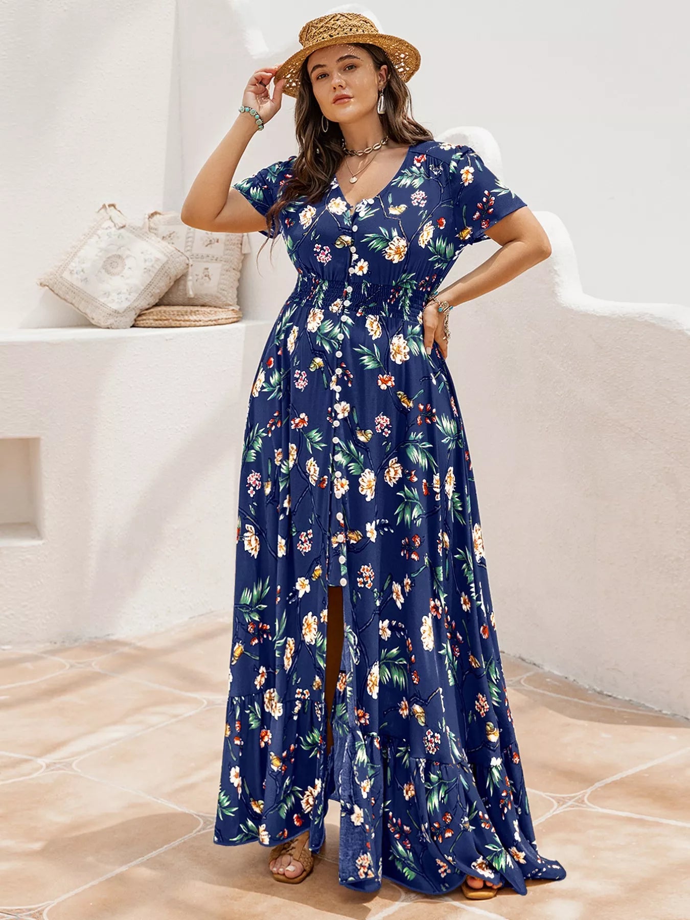 Plus Size Floral V-Neck Short Sleeve Maxi Dress OutfitFlow