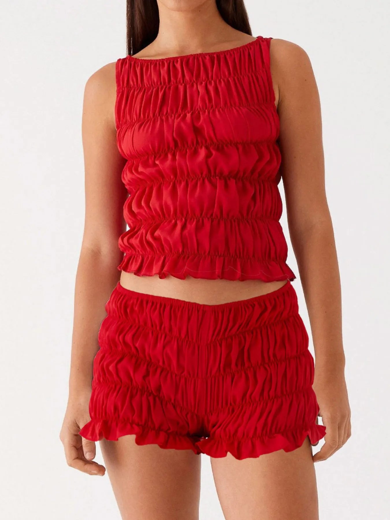 Ruched Texture Tank and Shorts Two-Piece Set Red OutfitFlow