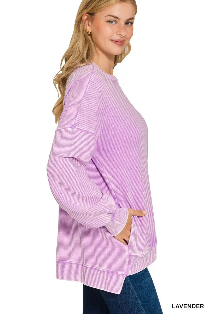 Zenana Acid Washed Double Ribbed Hi-low Sweatshirt Trendsi