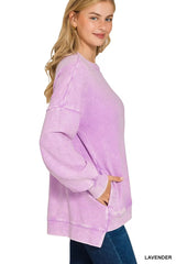 Zenana Acid Washed Double Ribbed Hi-low Sweatshirt Trendsi