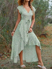 Printed Surplice Ruffle Sleeve Dress OutfitFlow