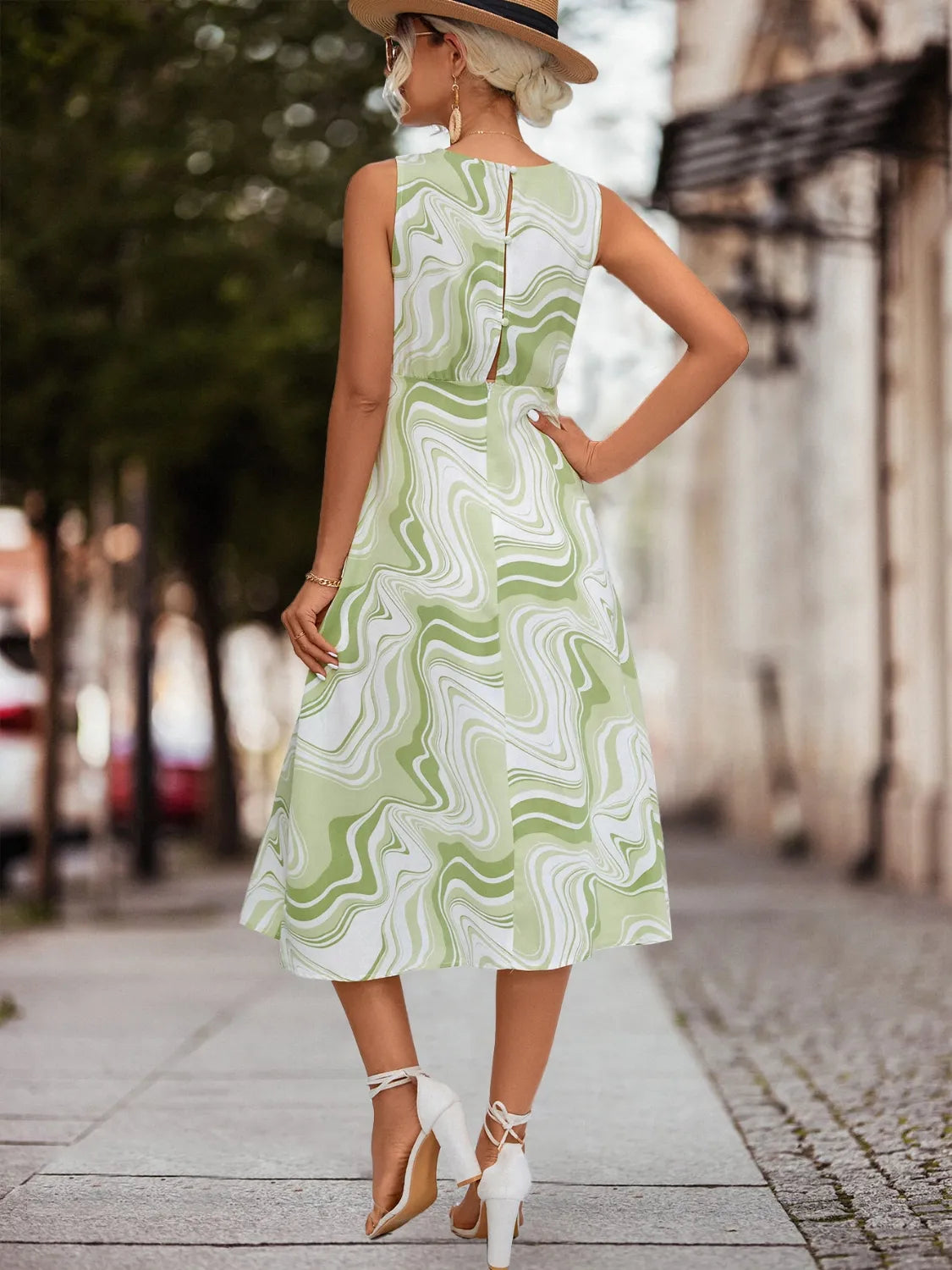 Printed Sleeveless Midi Dress OutfitFlow
