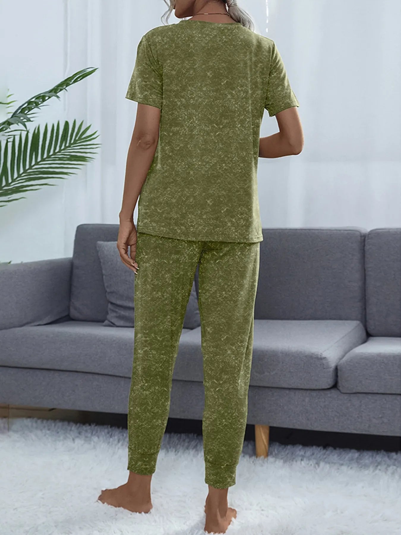Round Neck Short Sleeve Top and Pants Lounge Set OutfitFlow