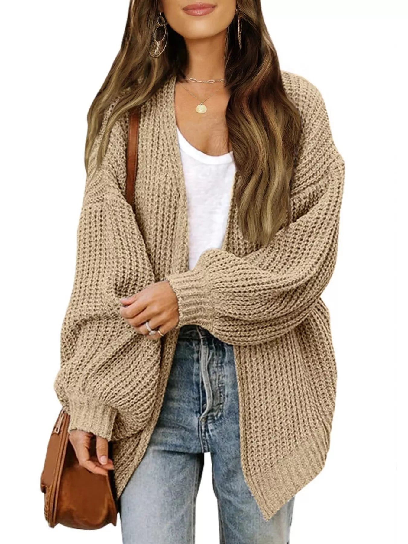 Oversized Chunky Knit Open Front Cardigan Light Khaki OutfitFlow