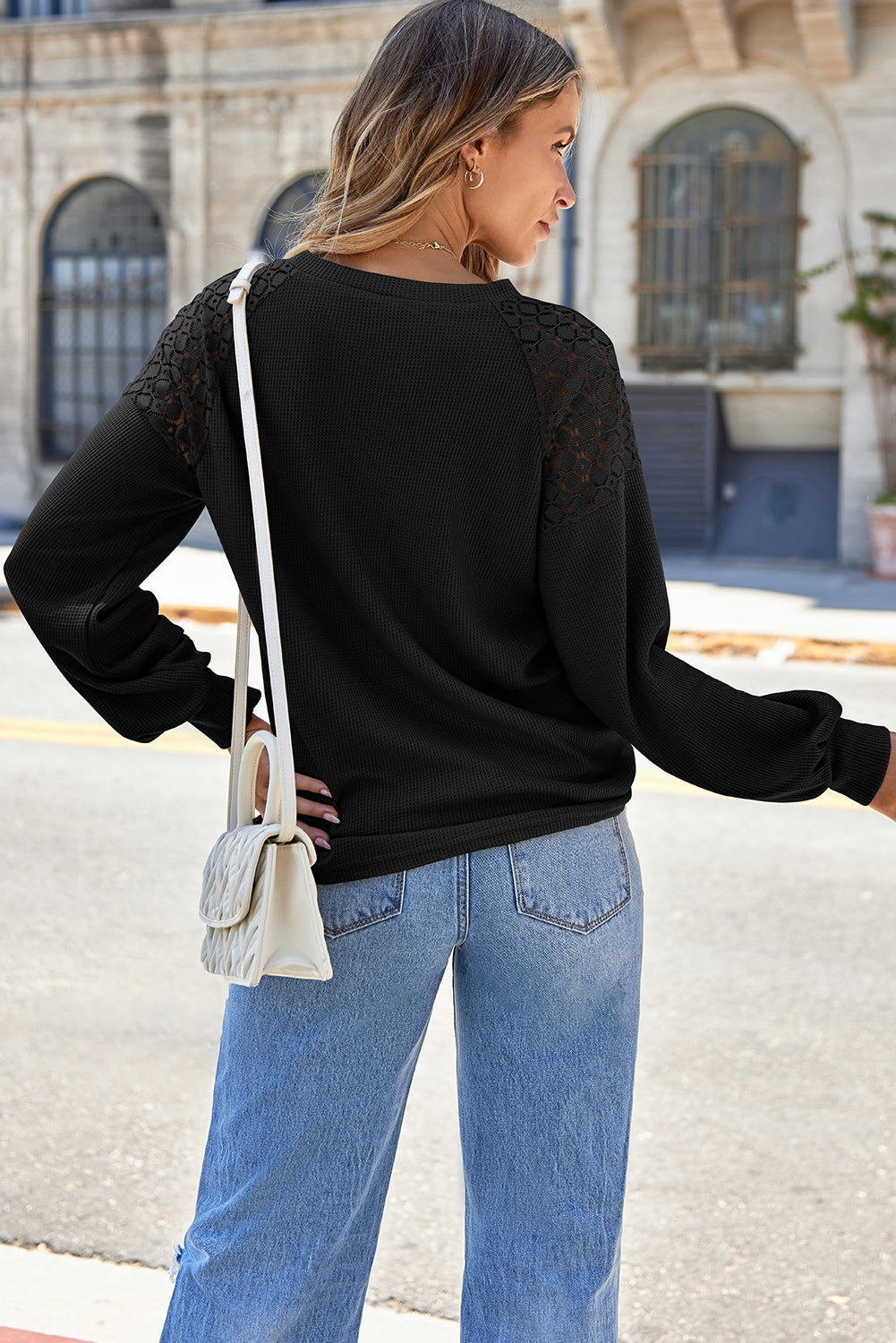 Outfit Flow - Lace Detail Round Neck Lantern Sleeve Top