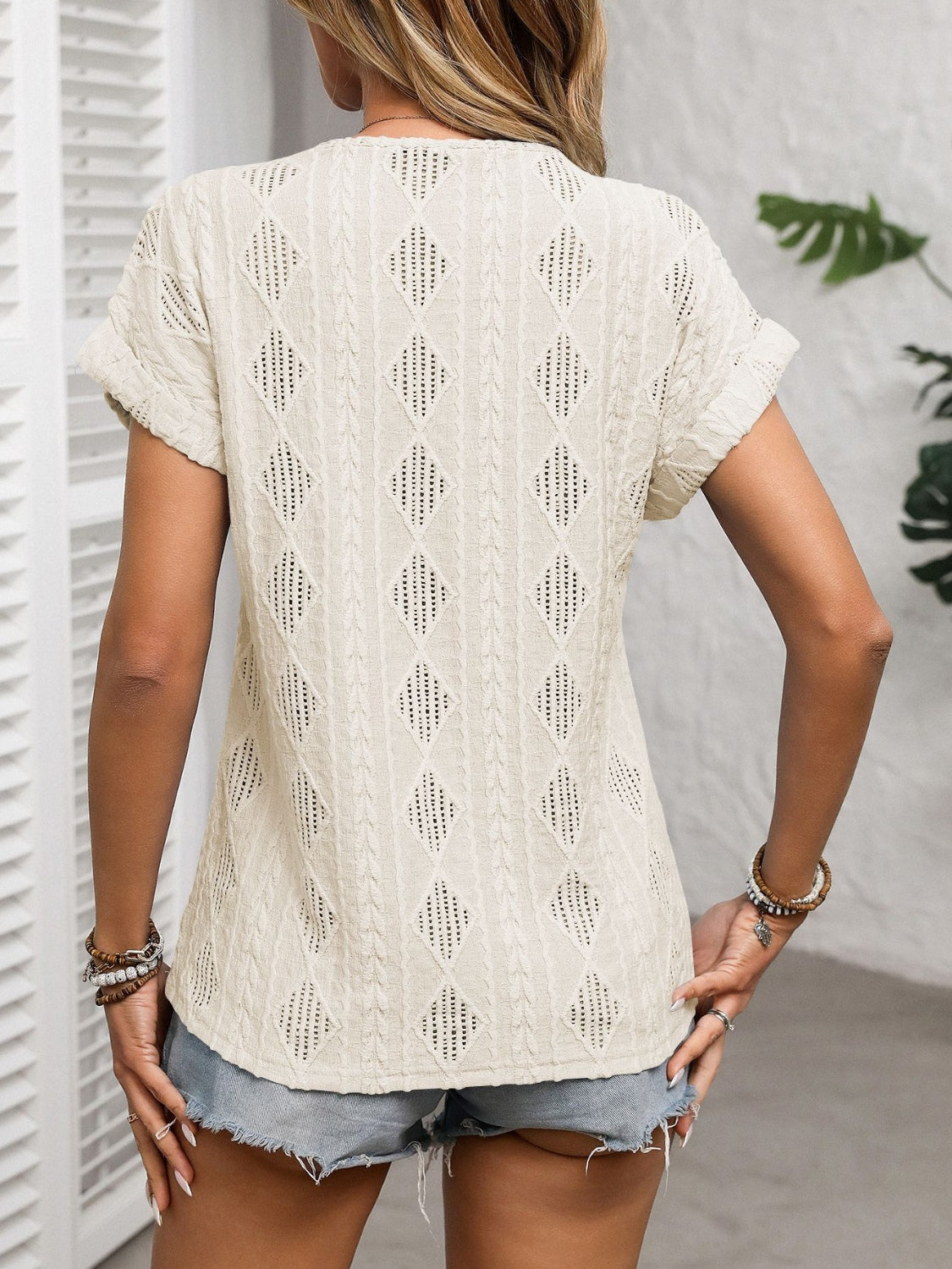 Openwork V-Neck Short Sleeve T-Shirt OutfitFlow