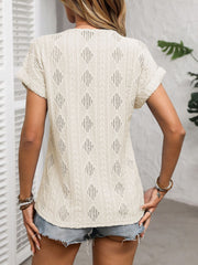 Openwork V-Neck Short Sleeve T-Shirt OutfitFlow