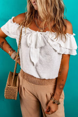 Off Shoulder Ruffle Knotted Detail Swiss Dot Blouse OutfitFlow