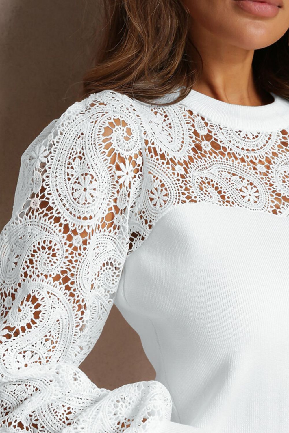 Lace Patchwork Round Neck Long Sleeve Blouse