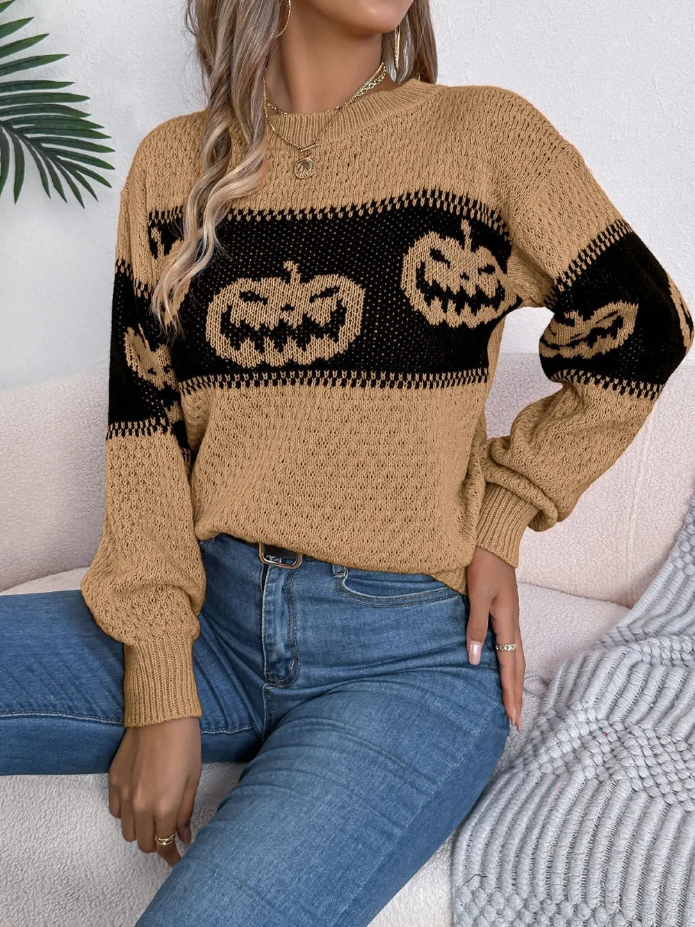 Pumpkin Round Neck Long Sleeve Sweater OutfitFlow