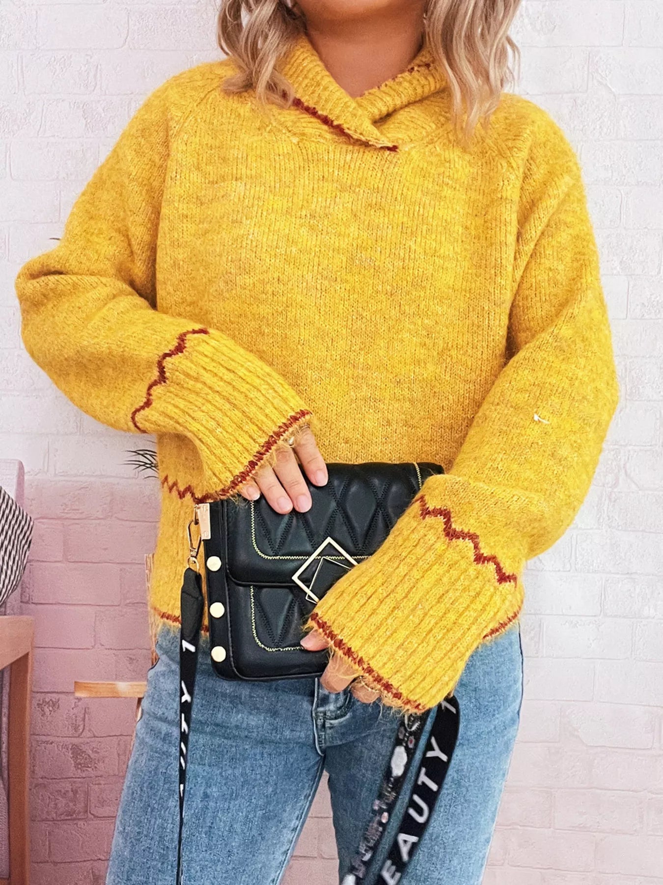 Ribbed Contrast Trim Long Sleeve Sweater Yellow One Size OutfitFlow