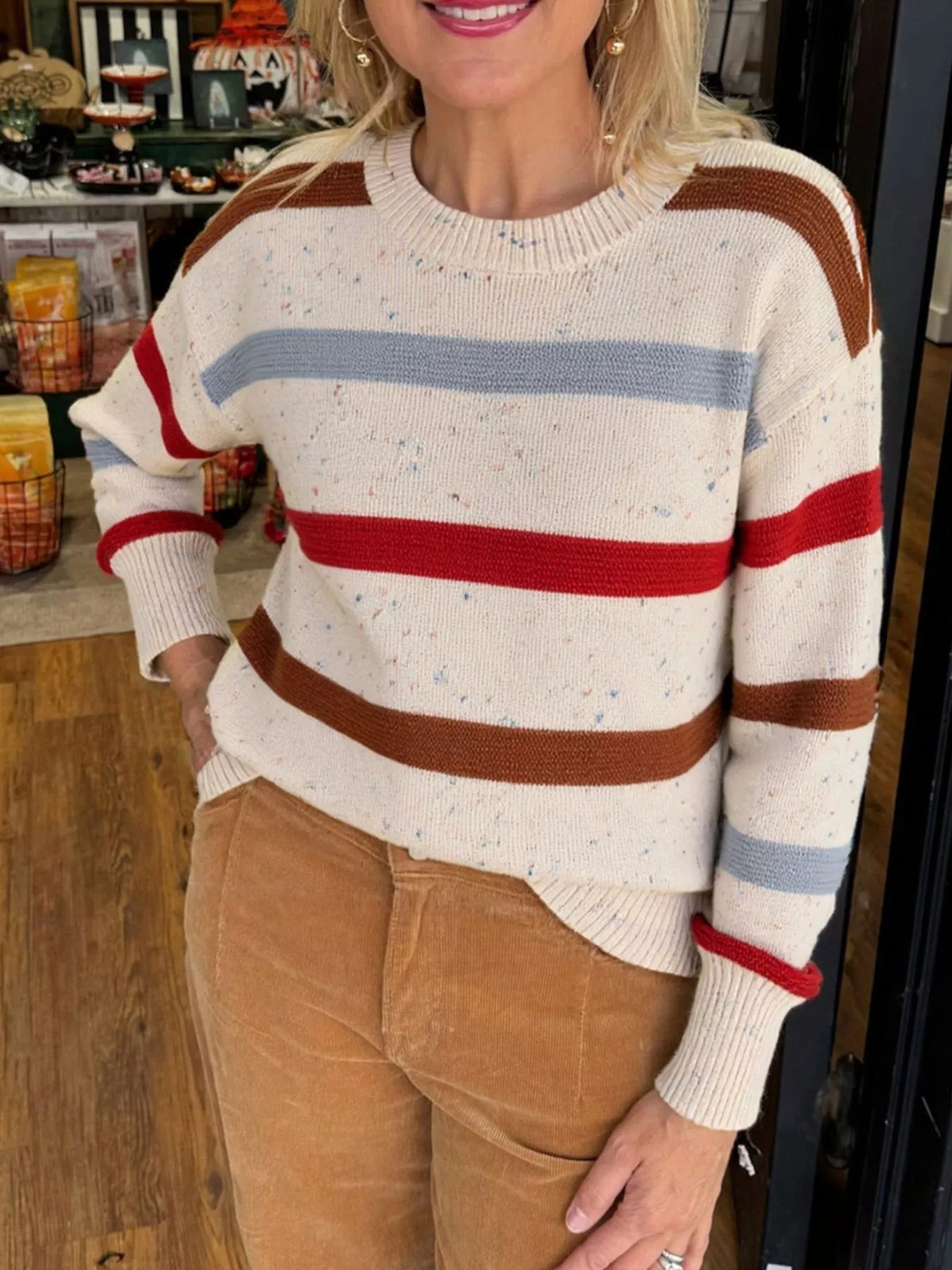 Striped Crew Neck Long Sleeve Sweater Beige Trendsi